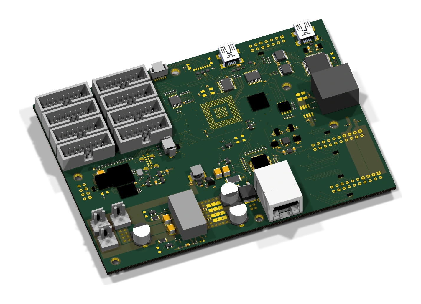 An oblique 3D rendering of the board with its assigned connectors and component models
